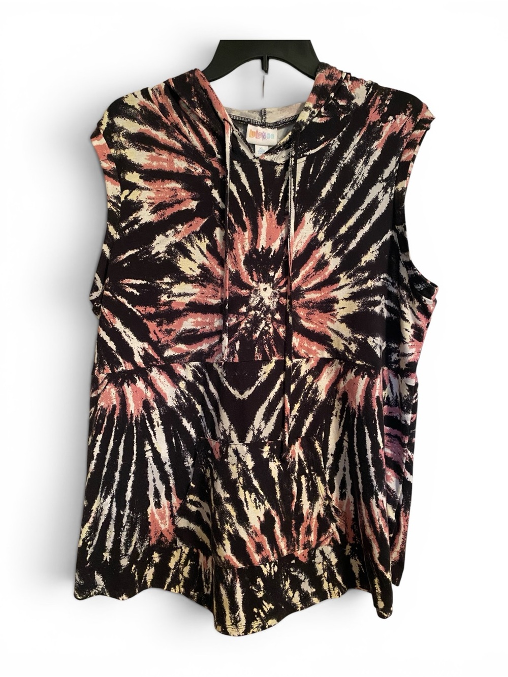 LuLaRoe Black, White and Pink Tie-Dye Sleeveless Hoodie Tank, Size XL - Picture 2 of 9